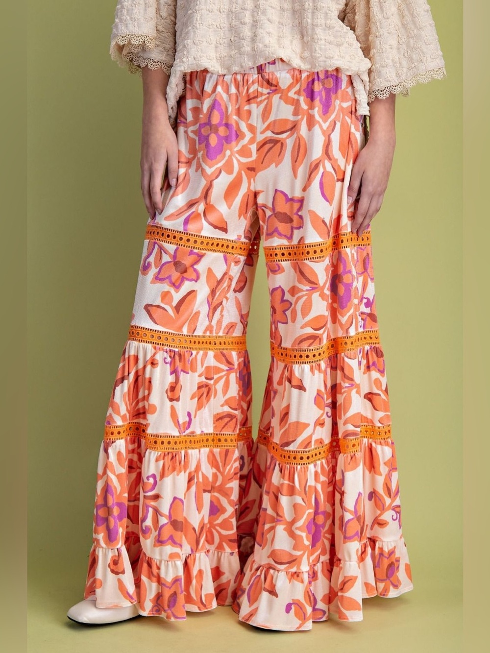 easel Orange, Pink & Cream Floral Wide-Leg Tiered Pants
